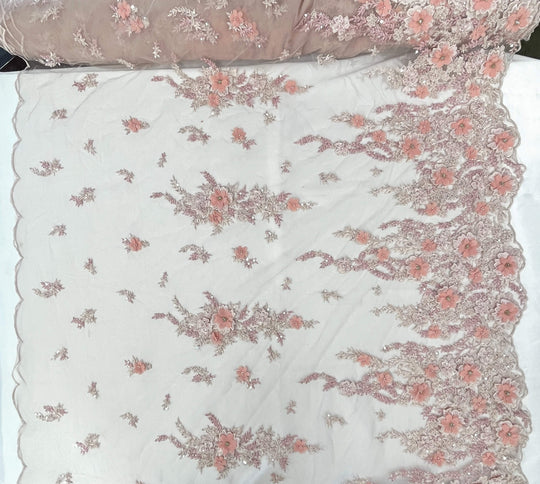 1 Yard Beaded 3D Floral Lace Fabric Embroidered 100 Percent Polyester Net Mesh 51 inch Width