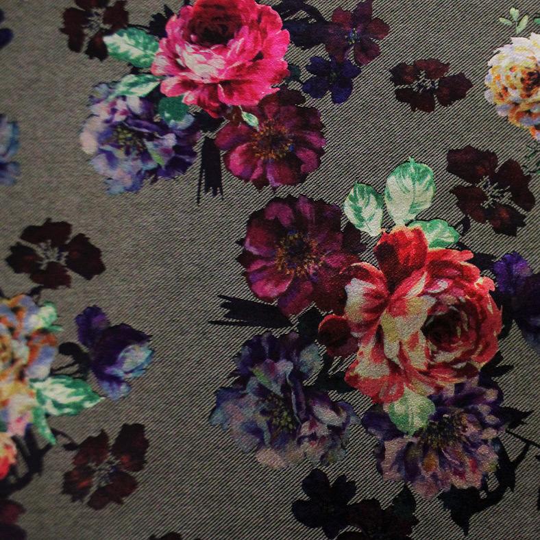 Bohemian Foil Printed Stretch Denim Fabric - Floral Foil Print, Blue, 54" Width (1 Yard)