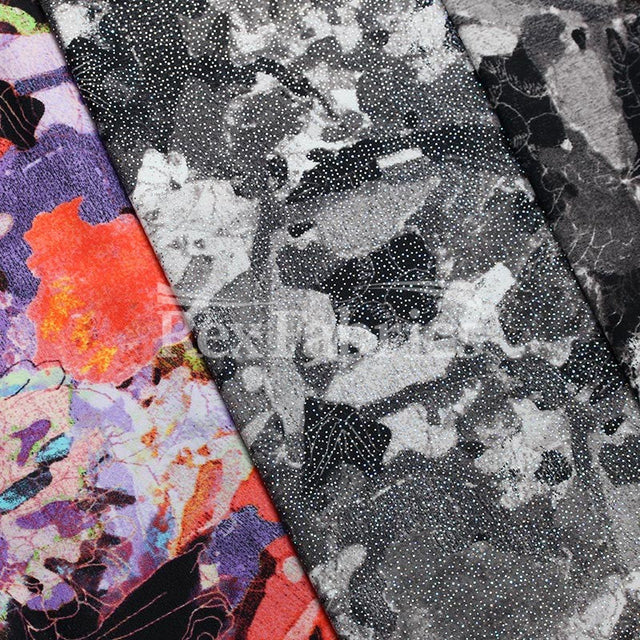 Boho Pretty Nylon Spandex Fabric - Gray, Purple, Floral Print, With Or Without Foil, 58/60" Width (1 Yard)