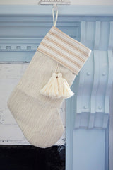 Beige Burlap Christmas Stocking with Tassel Rustic Decor