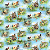 Quilting Cotton Break of Dawn Chicken and Rooster Scenes Blue by Sinead Jones
