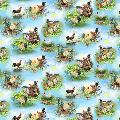 Quilting Cotton Break of Dawn Chicken and Rooster Scenes Blue by Sinead Jones