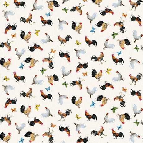 Quilting Cotton Break of Dawn Chickens Roosters and Butterflies Blank Quilting
