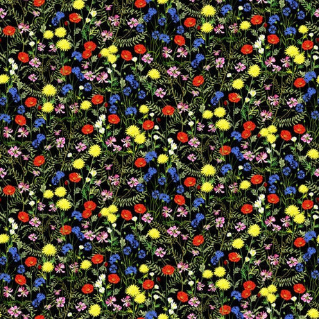 Quilting Cotton Break of Dawn Large Wildflowers Black