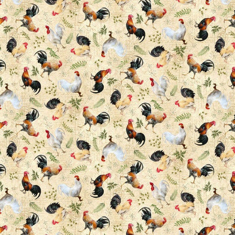 Quilting Cotton Break of Dawn Tossed Chickens and Roosters Tan Blank Quilting