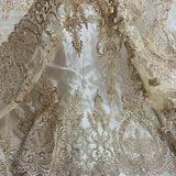 1 Yard Beaded and Corded Bridal Lace Fabric Embroidered on Polyester Net Mesh White Ivory Blush and Gold