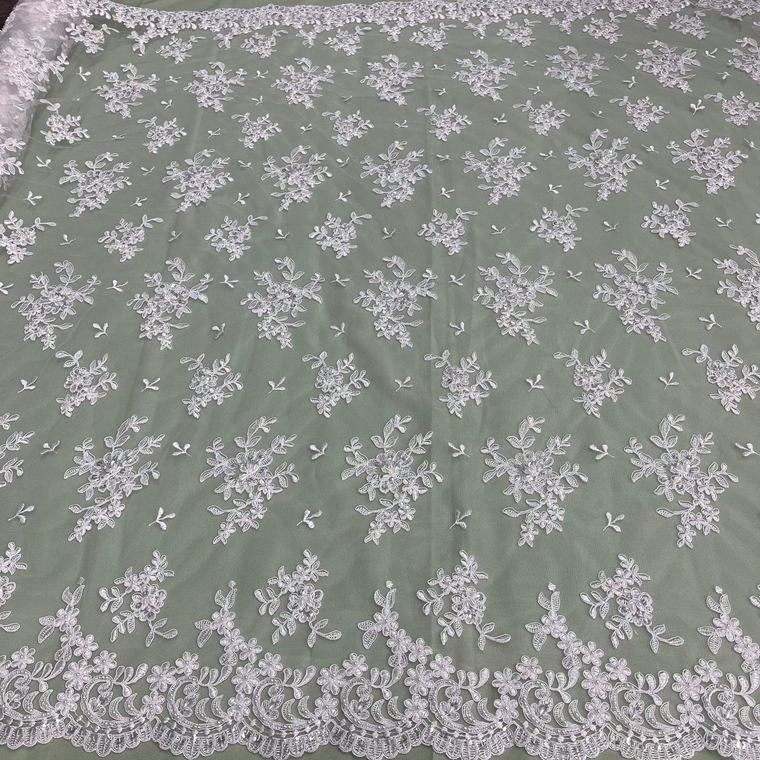 1 Yard Luxurious Beaded and Corded Bridal Lace Fabric Embroidered on Polyester Net Mesh 52 inch Width