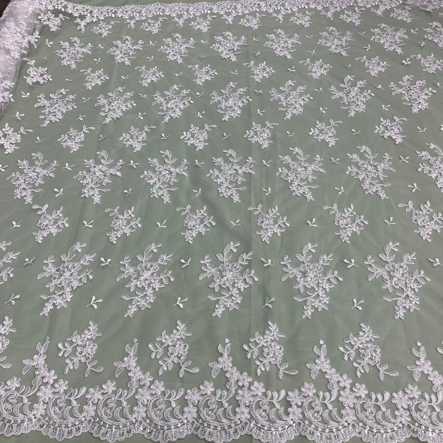 Beaded Corded Floral Lace Fabric 52" Scalloped Edges