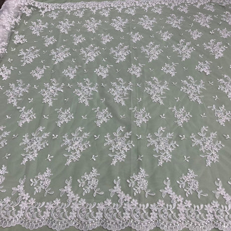 Beaded Corded Lace Fabric - Floral Design, Scalloped Edges, 52" Width (1 Yard)