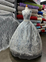 Beaded Lace Fabric - Embroidered 100 Percent Polyester Net Mesh, White, Ivory, Antique Silver, 56" Width (1 Yard)