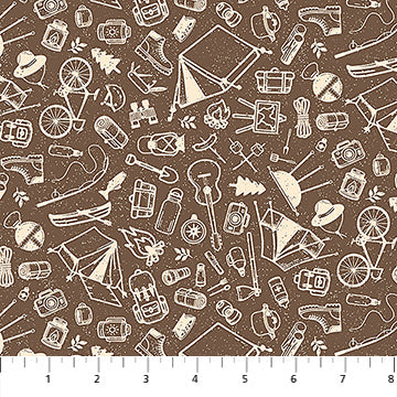 Cotton Camping Sketches Fabric Brown 44/45"