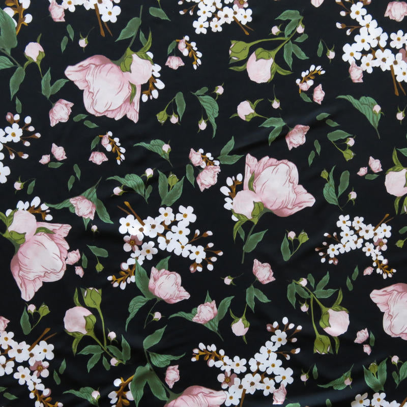 Swim Knit Nylon Spandex Buds and Bloom Floral Black
