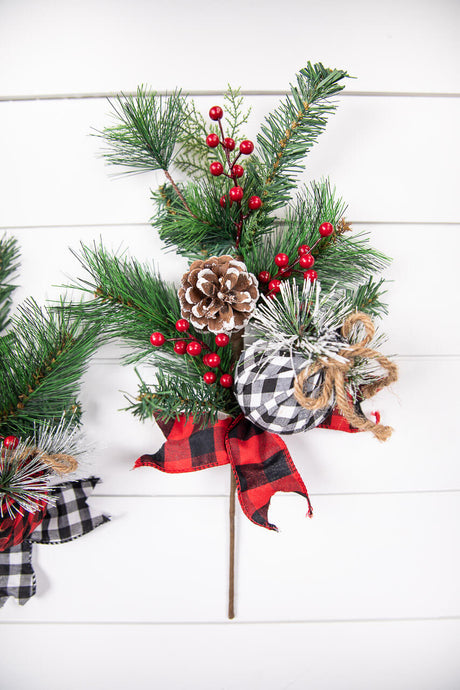 18” Holiday Pine Pick with Buffalo Check Ornament & Berries