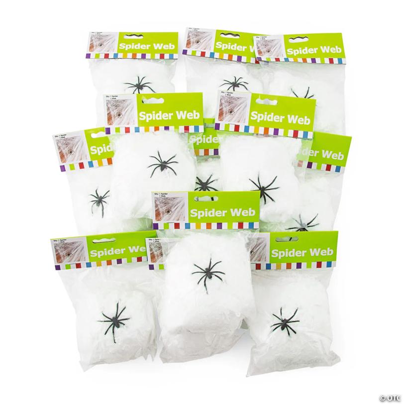 Bulk 48 Pc. Stretchable Spider Webs with Black Plastic Spiders