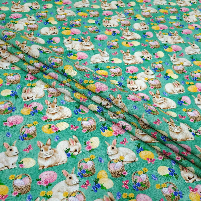 Quilting Cotton Bunnies & Eggs on Sage Easter Fabric