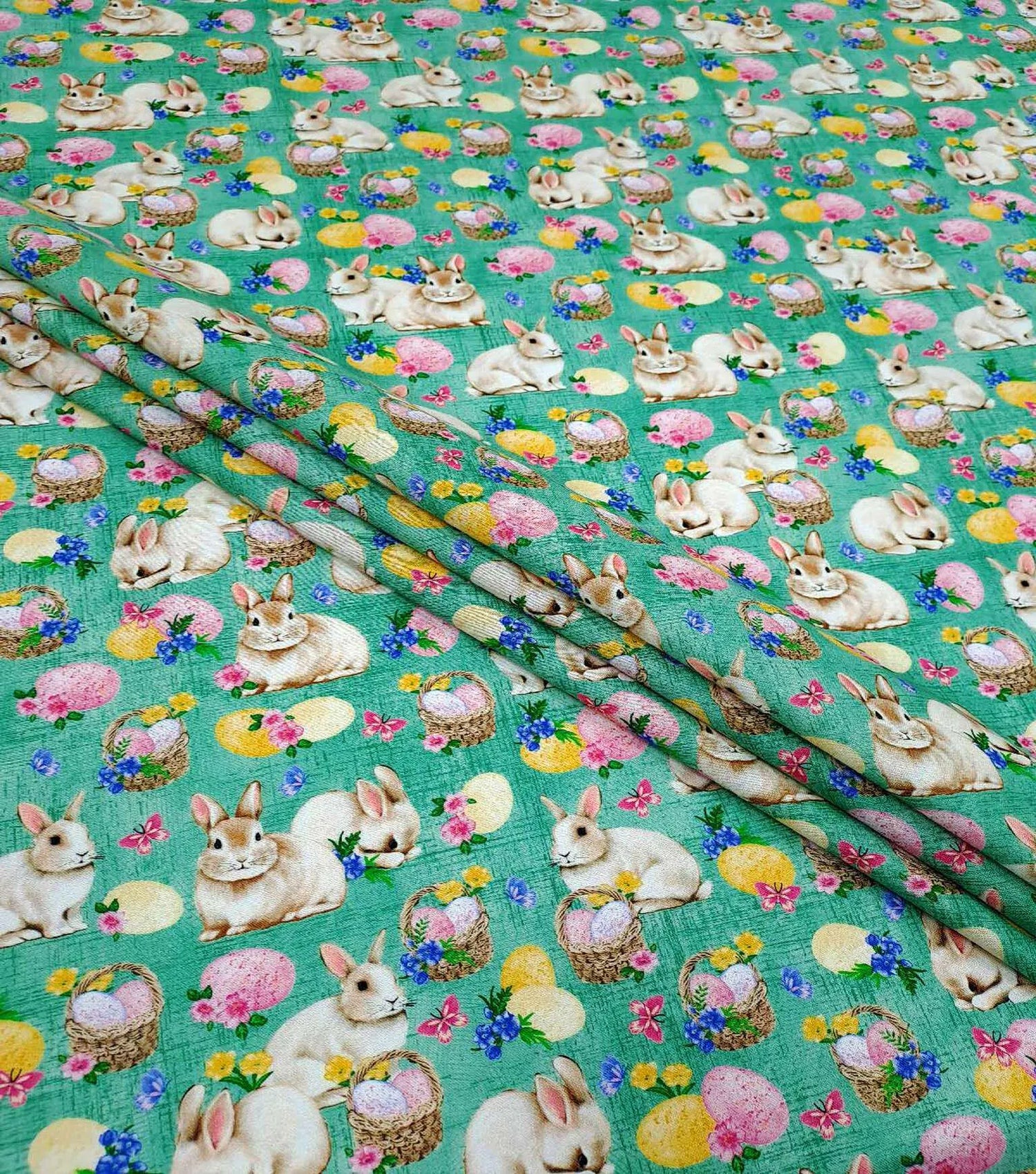 Quilting Cotton Bunnies & Eggs on Sage Easter Fabric