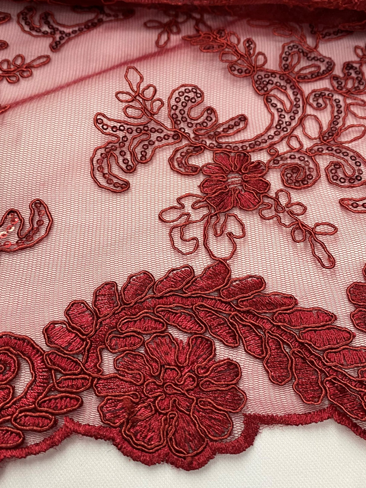 Elena's Lace Polyester Fabric - Burgundy Corded Mesh Embroidered With Sequins, Double Scalloped Edge, 54" Width (1 Yard)
