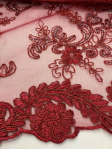 Elena's Lace Polyester Fabric - Burgundy Corded Mesh Embroidered With Sequins, Double Scalloped Edge, 54" Width (1 Yard)