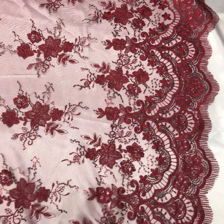 Burgundy Sequin Lace Fabric With Embroideries On Mesh - Burgundy Embroidered Lace, 54" Width (1 Yard)