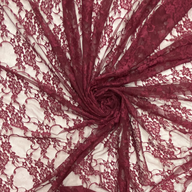 Burgundy Stretch Lace Nylon Spandex Fabric - Burgundy Floral Lace Sheer, 58/60" Width (1 Yard)