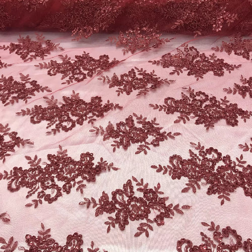 Burgundy Sequin Lace Embroidered Mesh Fabric - Burgundy Embroideries, 54" Width