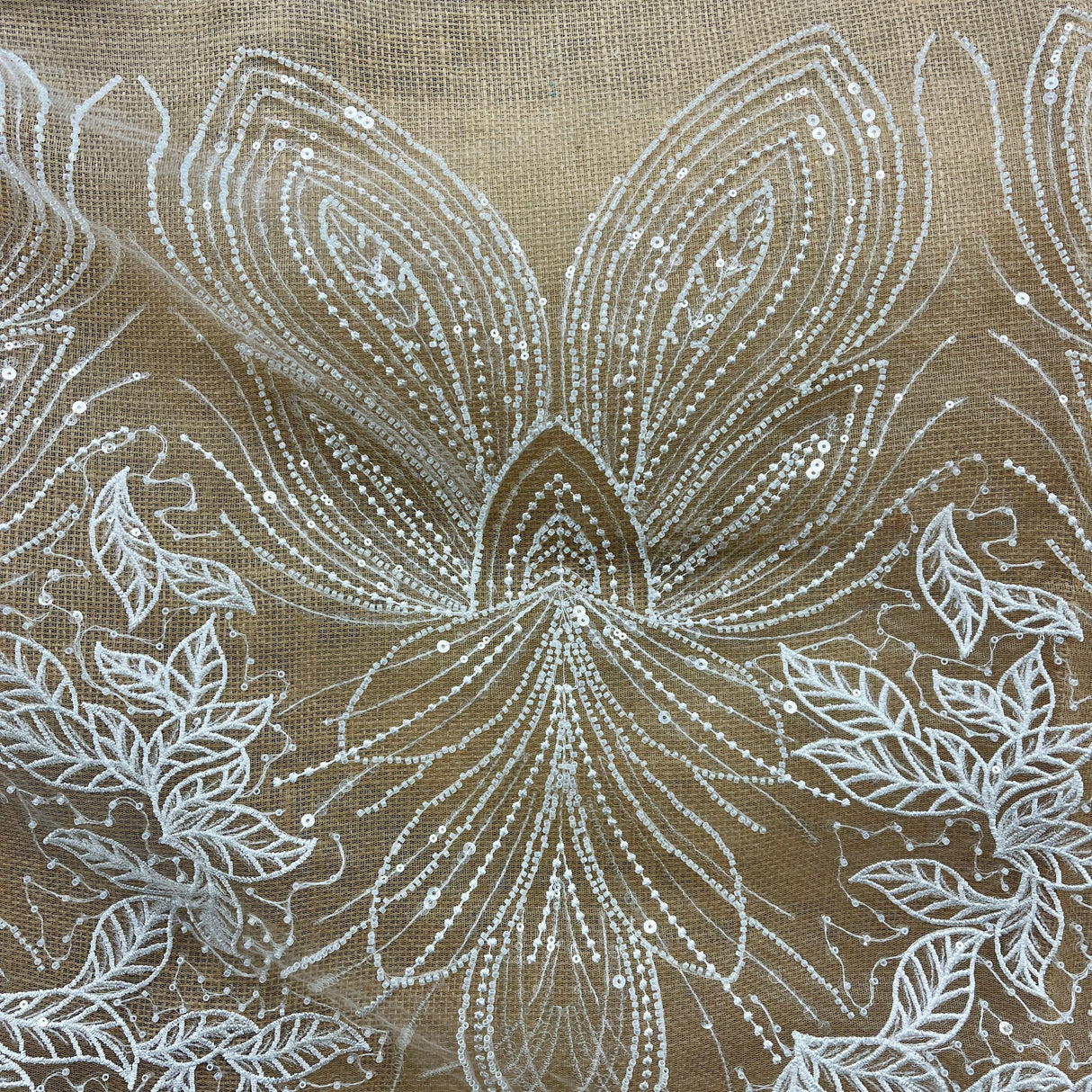Beaded Sequined Lace Fabric Leaf Vine Design