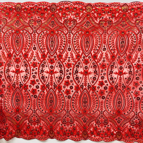 Beaded And Sequined Floral Sparkling Lace Fabric - Embroidered On 100 Percent Polyester Net Mesh, Floral Pattern, 52" Width (1 Yard)