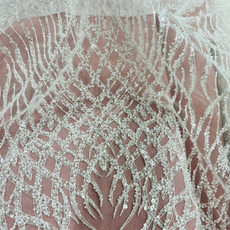 Beaded Lace Fabric on Polyester Net Mesh