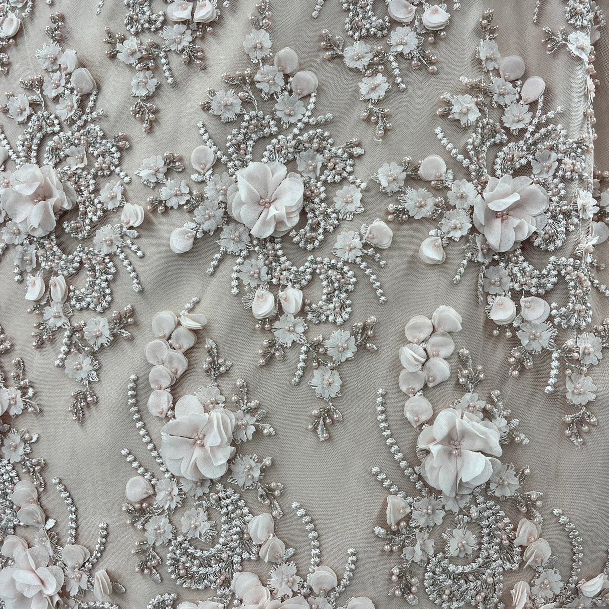 Beaded 3D Floral Lace Fabric Peach 48" Wide