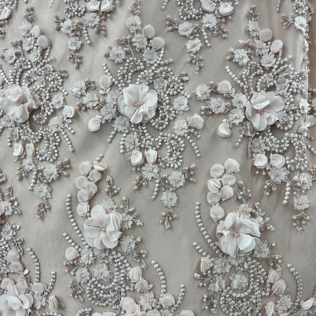 Beaded 3D Floral Lace Fabric Peach 48" Wide