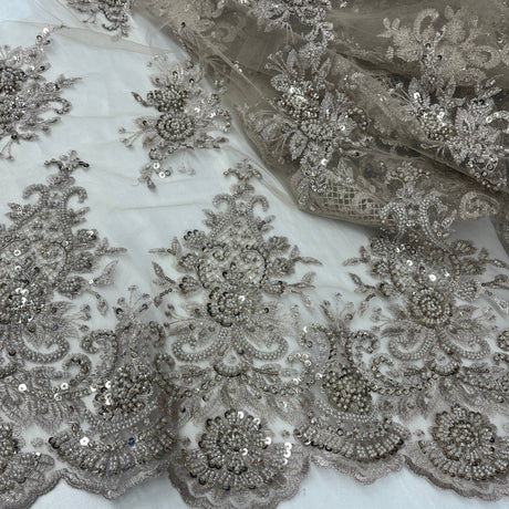 Beaded Lace Fabric Embroidered On 100% Polyester Net Mesh Fabric - Gold, Beaded Sequined Embroidered Lace, 50" Width (1 Yard)