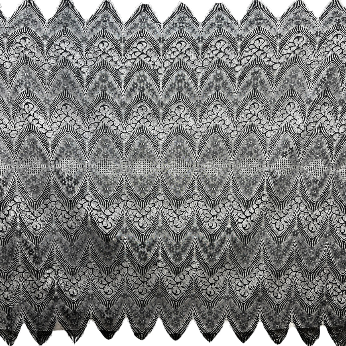 Embroidered Chantilly Lace Fabric with Eyelash Scallop