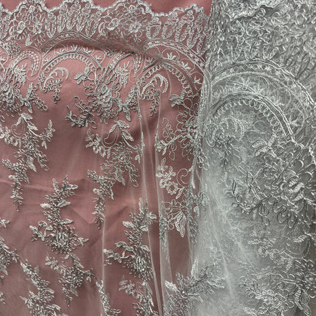 1 Yard Silver Corded Bridal Lace Fabric Embroidered on 100% Polyester Net Mesh – 51"