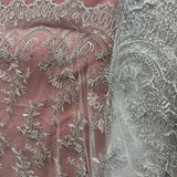 1 Yard - Corded Bridal Lace Fabric Embroidered on 100% Polyester Net Mesh - 51" Wide