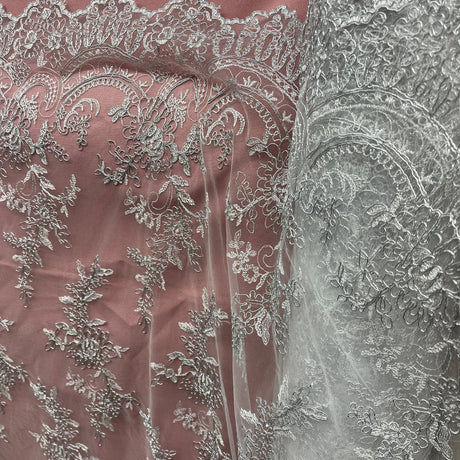 1 Yard - Corded Bridal Lace Fabric Embroidered on 100% Polyester Net Mesh - 51" Wide