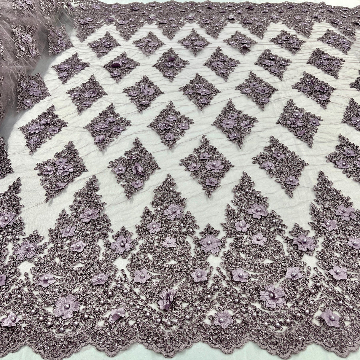 1 Yard Wine Beaded 3D Floral Lace Fabric Embroidered Polyester Net Mesh 51 Inch Width