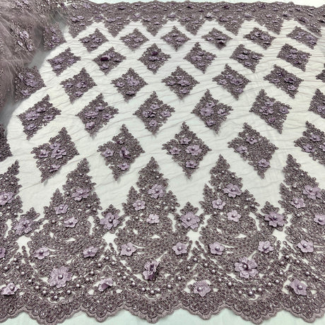 1 Yard Wine Beaded 3D Floral Lace Fabric Embroidered Polyester Net Mesh 51 Inch Width
