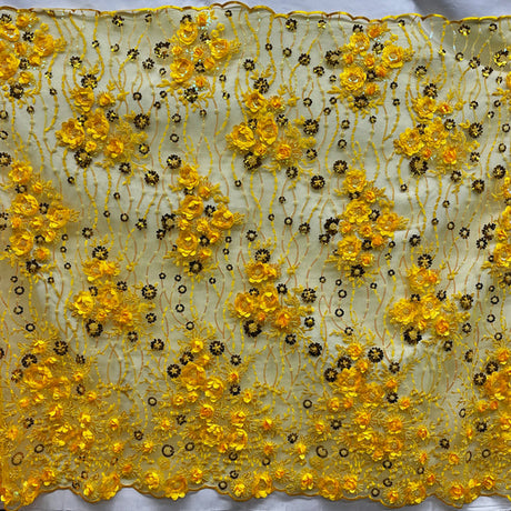 1 Yard Beaded Rhinestone 3D Floral Lace Fabric Embroidered 100 Percent Polyester Net Mesh 52 inch Width