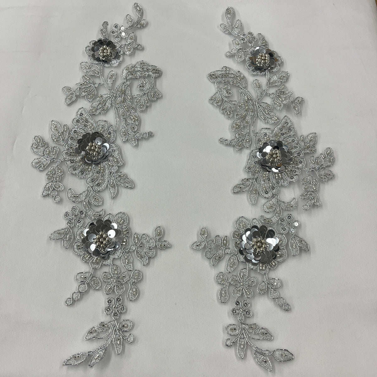 1 Yard Beaded & Corded Floral 3D Lace Applique Embroidered on 100% Polyester Net Mesh 11" x 3" Each Side