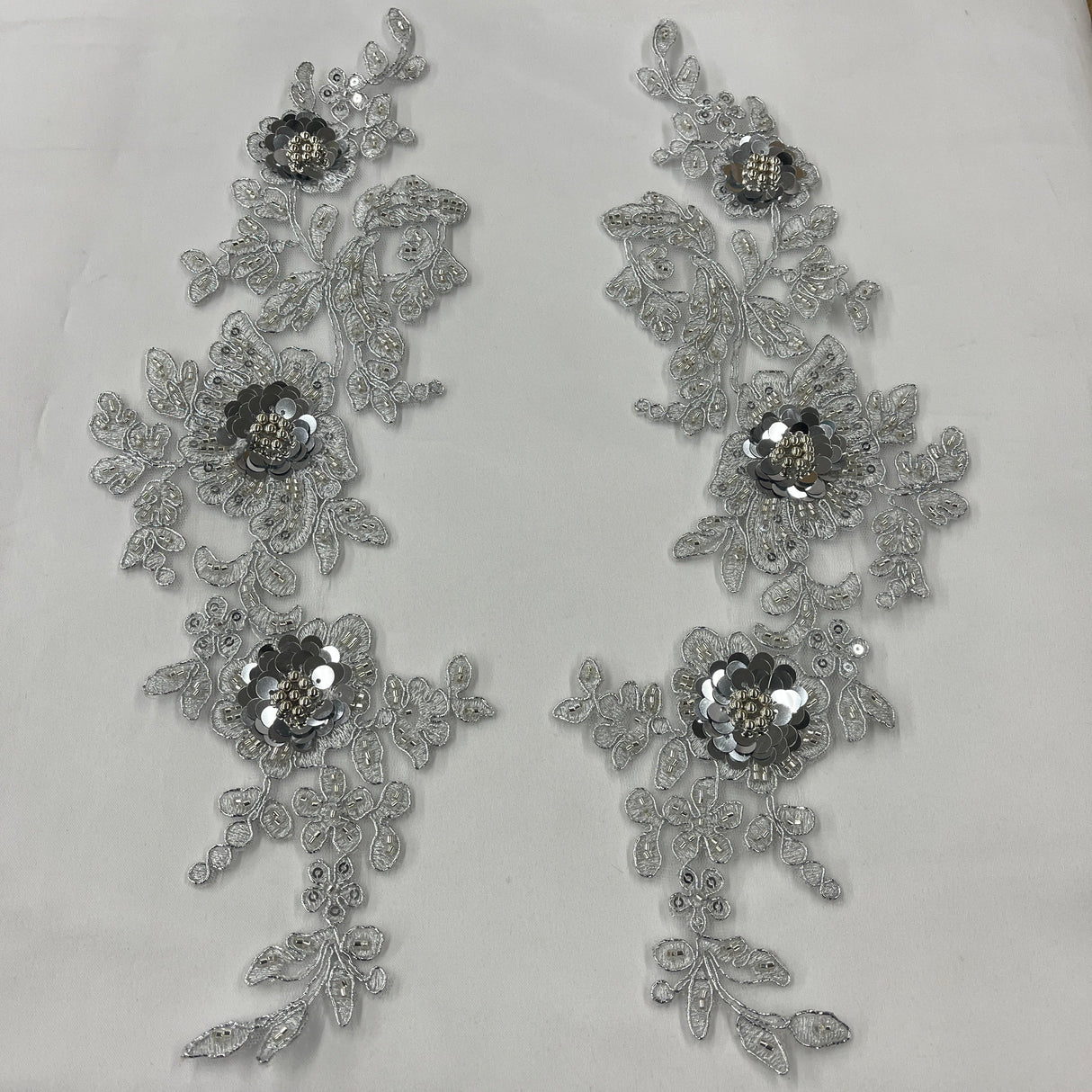 Beaded Corded Floral 3D Lace Applique Polyester Fabric - Gold, Silver, Ivory, White, 14" X 3" Wide Each Side (1 Pair)