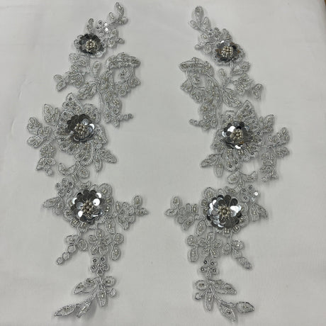 Beaded Corded Floral 3D Lace Applique Polyester Fabric - Gold, Silver, Ivory, White, 14" X 3" Wide Each Side (1 Pair)
