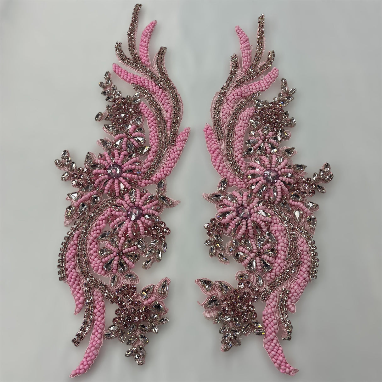Rhinestone Applique Floral Lace Pair 14" x 4"