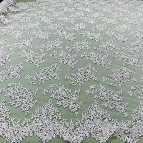 Beaded Lace Fabric Embroidered On 100 Percent Polyester Net Mesh - Ivory With Silver, 54" Wide (1 Yard)