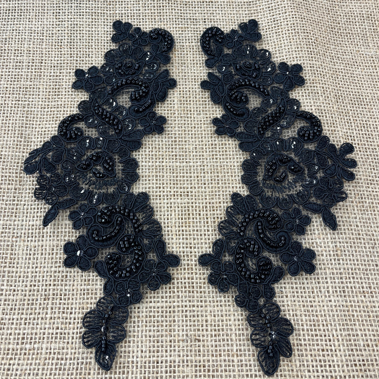1 Pair 9" x 3" Each Side Beaded & Corded Floral Lace Applique Organza