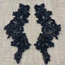 Beaded Corded Floral Lace Applique 100 Percent Polyester Fabric - Floral Embroidered, 9" X 3" Each Side (1 Pair)