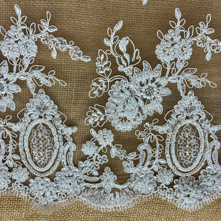 1 Yard Beaded & Corded Bridal Lace Fabric Embroidered on 100% Polyester Net Mesh