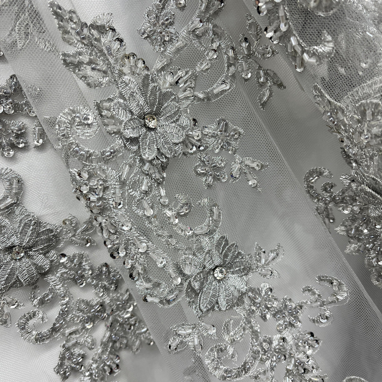 Beaded 3D Floral Lace Fabric - Embroidered 100 Percent Polyester Net Mesh, 3D Floral Beaded Design, 52" Wide (1 Yard)