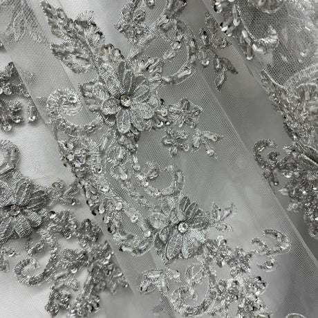 Beaded 3D Floral Lace Fabric - Embroidered 100 Percent Polyester Net Mesh, 3D Floral Beaded Design, 52" Wide (1 Yard)