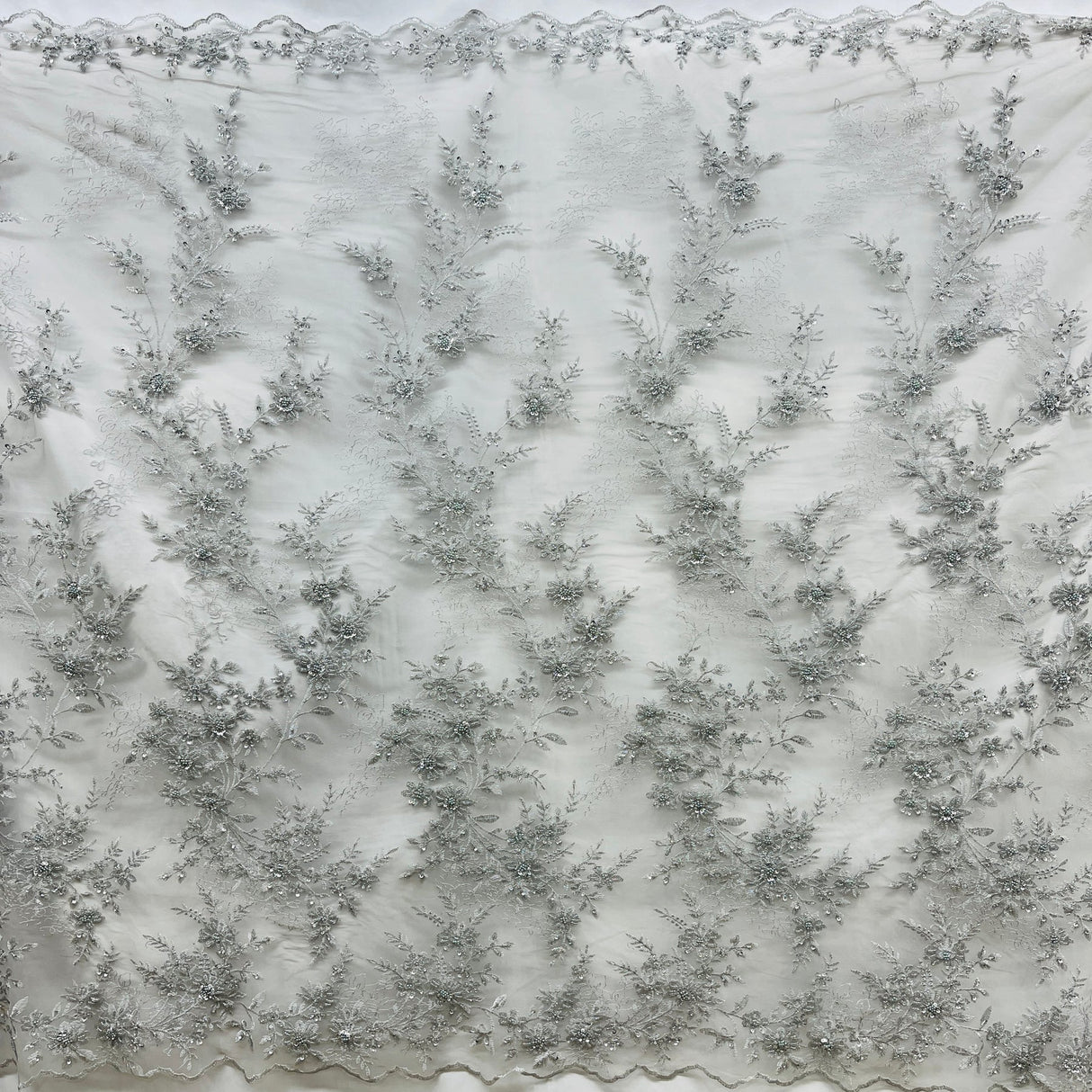 1 Yard Beaded Floral Lace Fabric Embroidered on 100% Polyester Net Mesh 51" Width