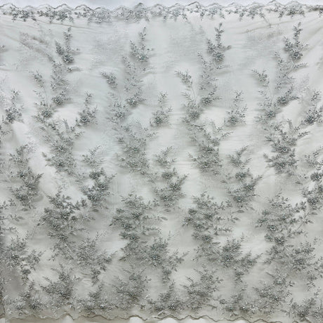 1 Yard Beaded Floral Lace Fabric Embroidered on Polyester Net Mesh 51 inch Width